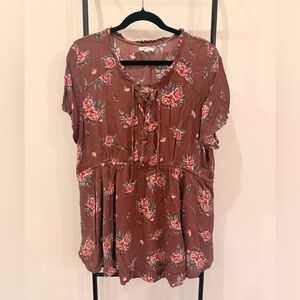 Maurices Rust Floral Lace-Up Blouse